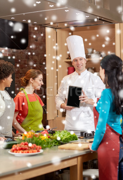 happy women with chef and tablet pc in kitchen Stock photo © dolgachov