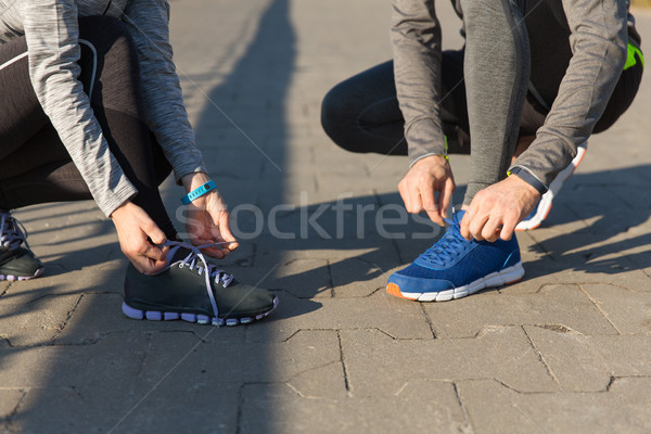 Közelkép pár cipőfűző kint fitnessz sport Stock fotó © dolgachov