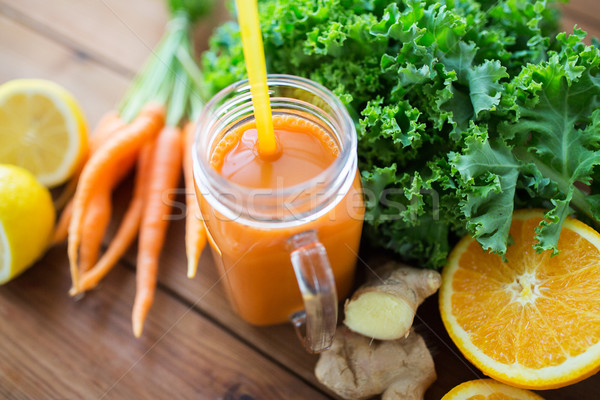 Glas Krug Karottensaft Früchte Gemüse gesunde Ernährung Stock foto © dolgachov