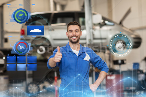 happy auto mechanic man or smith at car workshop Stock photo © dolgachov