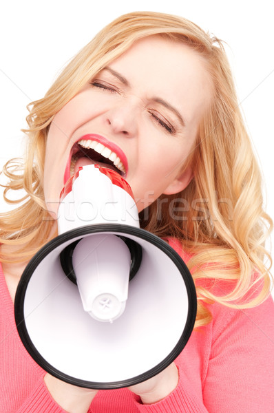 Vrouw megafoon foto witte gelukkig nieuws Stockfoto © dolgachov