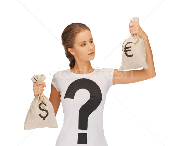 Foto stock: Mulher · dólar · euro · sacos · quadro · negócio