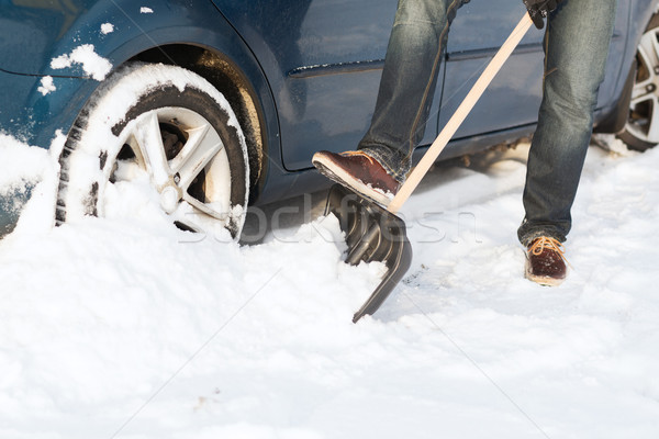 closeup of man digging up stuck in snow car Stock photo © dolgachov