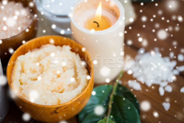 natural body scrub and candle on wood Stock photo © dolgachov