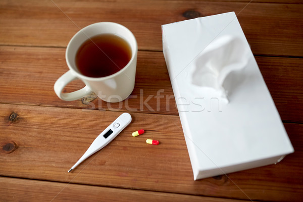 Tasse thé papier thermomètre pilules santé [[stock_photo]] © dolgachov