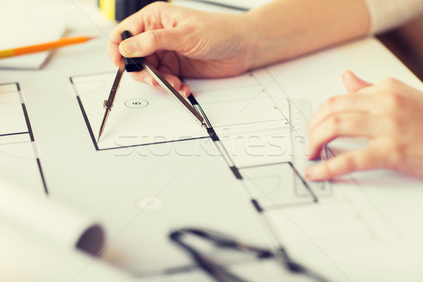 close up of hands with compass measuring blueprint Stock photo © dolgachov