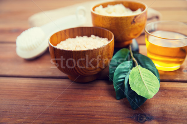 close up of himalayan pink salt and bath stuff Stock photo © dolgachov