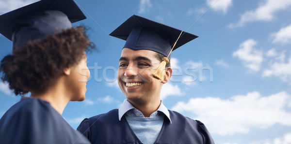 Stock foto: Glücklich · Studenten · Junggesellen · blauer · Himmel · Bildung · Abschluss