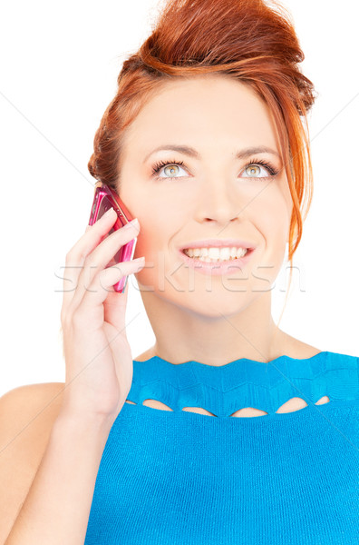 Stok fotoğraf: Mutlu · kadın · pembe · telefon · portre · teknoloji