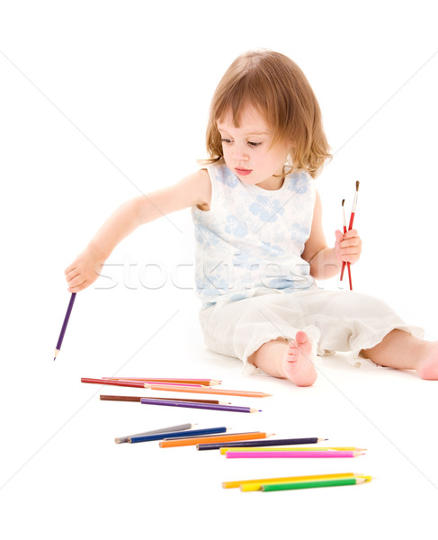 Photo stock: Petite · fille · couleur · crayons · photos · blanche · enfant