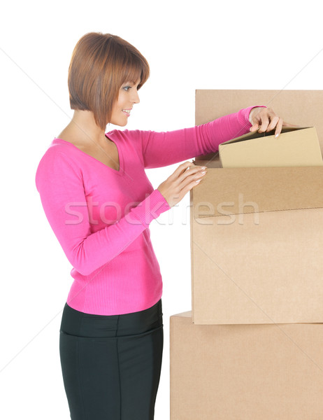 attractive businesswoman with big boxes Stock photo © dolgachov