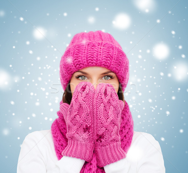 surprised woman in hat, muffler and mittens Stock photo © dolgachov