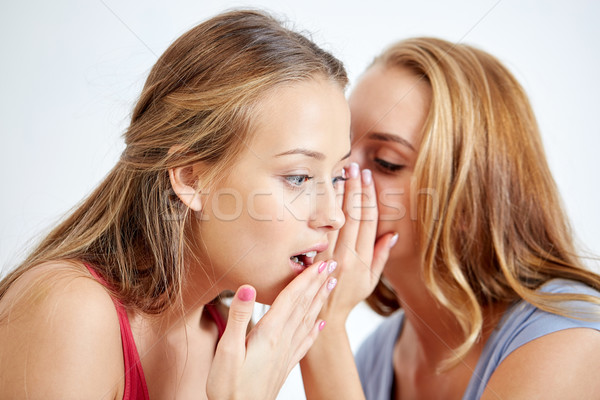 Boldog fiatal nők suttog pletyka otthon barátság Stock fotó © dolgachov