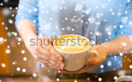 Foto stock: Feliz · mulher · copo · casa · inverno