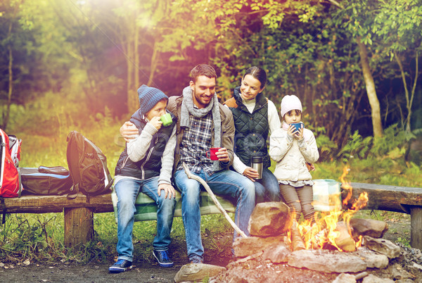 happy family sitting on bench at camp fire Stock photo © dolgachov