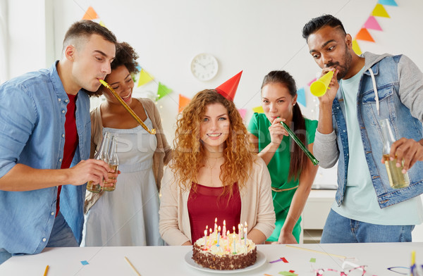 happy coworkers with cake at office birthday party Stock photo © dolgachov