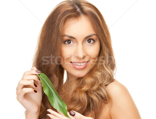 Kobieta zielony liść zdjęcie biały szczęśliwy zdrowia Zdjęcia stock © dolgachov