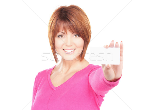 Boldog nő névjegy fehér üzlet papír Stock fotó © dolgachov