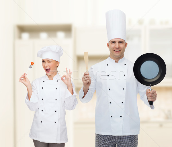 Foto stock: Feliz · masculina · chef · sartén · espátula