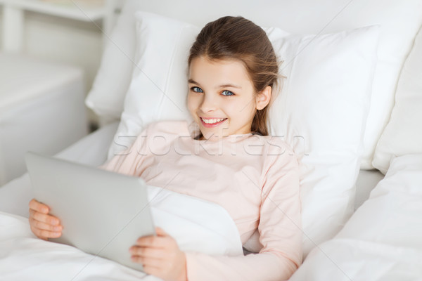 happy girl lying in bed with tablet pc at home Stock photo © dolgachov