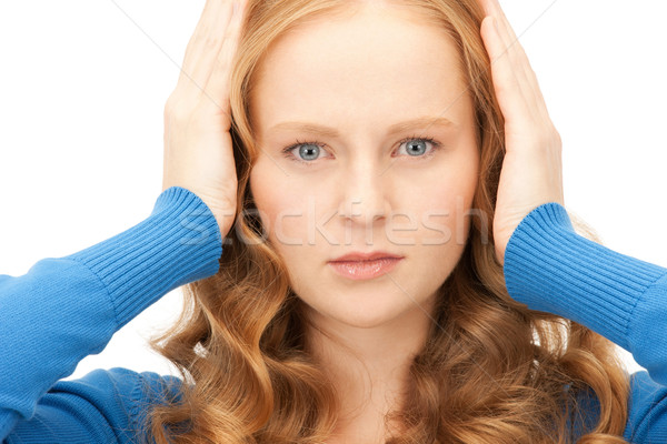 女子 手 耳朵 圖片 年輕 應力 商業照片 © dolgachov