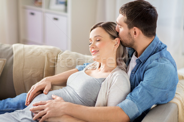 Stockfoto: Man · zwangere · vrouw · home · zwangerschap · mensen
