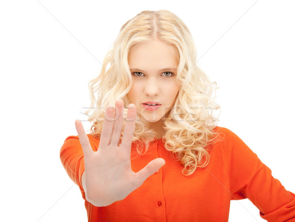 Vrouw stoppen gebaar heldere foto Stockfoto © dolgachov