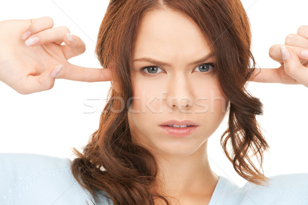 Foto stock: Mulher · dedos · orelhas · quadro · estresse · cabeça