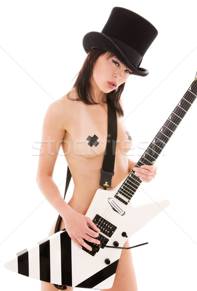 Rock babe Frau top hat E-Gitarre Stock foto © dolgachov
