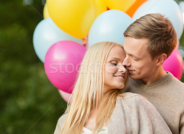 Foto stock: Casal · colorido · balões · beijando · parque · verão