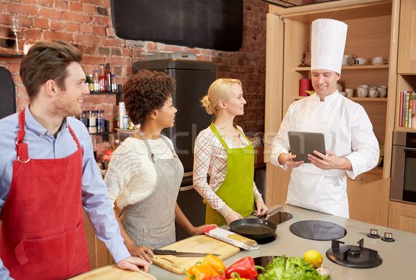 happy friends with tablet pc in kitchen Stock photo © dolgachov