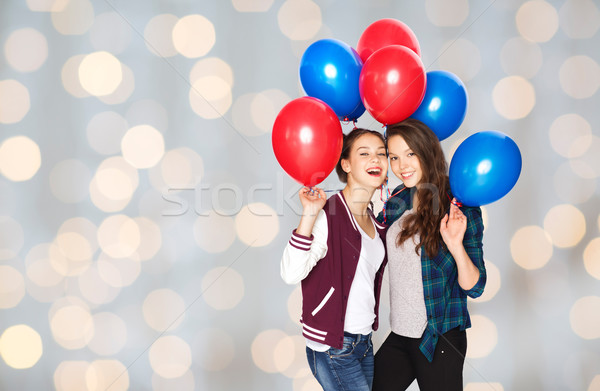 Stockfoto: Gelukkig · tienermeisjes · helium · ballonnen · mensen · vrienden
