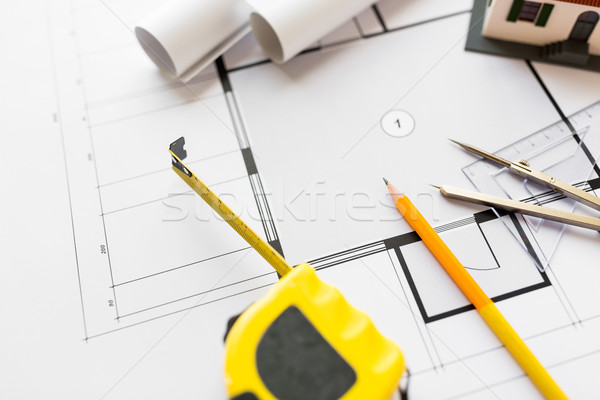 close up of architectural blueprint and tools Stock photo © dolgachov