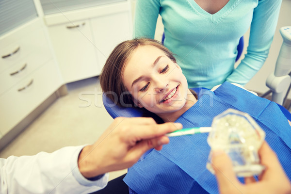 happy dentist showing toothbrush to patient girl Stock photo © dolgachov