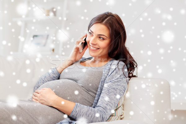 Stockfoto: Gelukkig · zwangere · vrouw · roepen · smartphone · home · zwangerschap