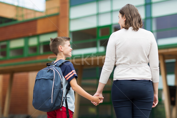 elementary student boy with mother at school yard Stock photo © dolgachov