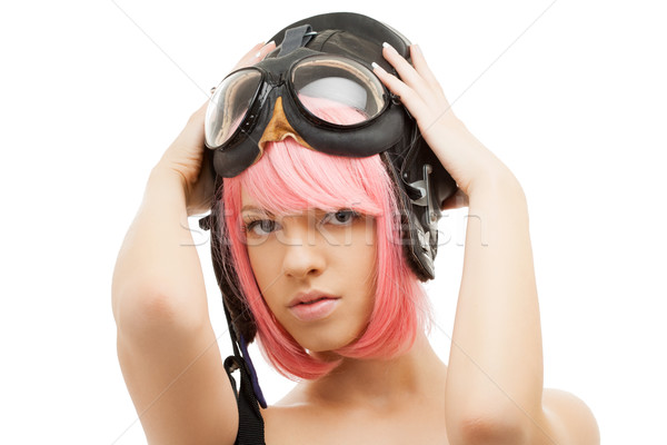 pink hair girl in aviator helmet Stock photo © dolgachov