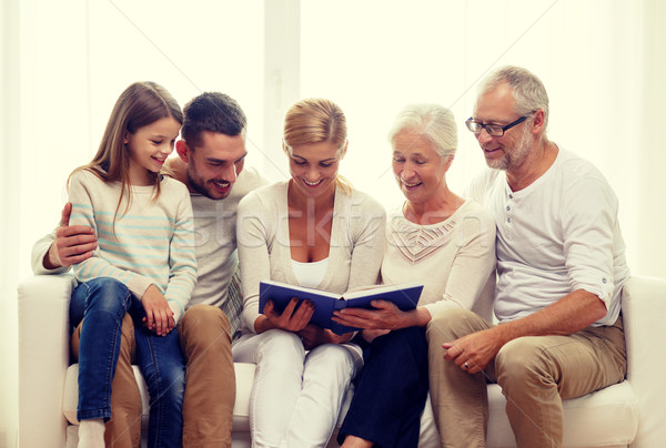 happy family with book or photo album at home Stock photo © dolgachov