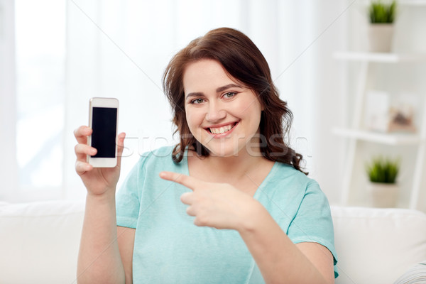 Boldog plus size nő okostelefon otthon emberek Stock fotó © dolgachov