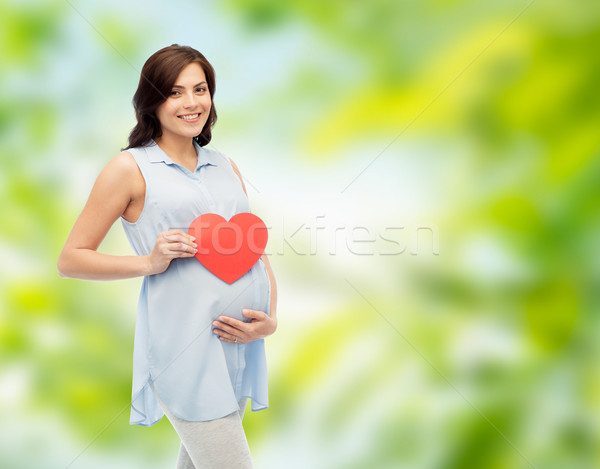 Stockfoto: Gelukkig · zwangere · vrouw · Rood · hart · aanraken · buik