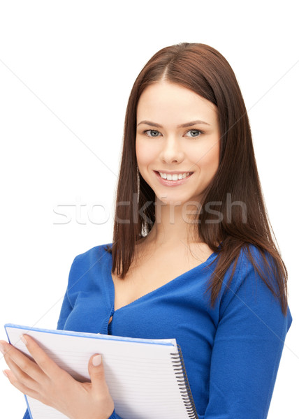 Foto stock: Feliz · mulher · grande · bloco · de · notas · quadro · negócio