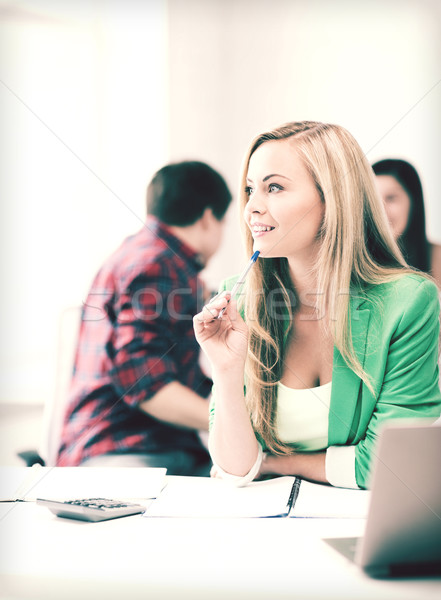 Foto stock: Estudante · menina · caderno · calculadora · educação · faculdade