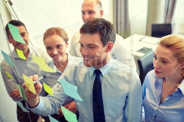 [[stock_photo]]: Souriant · gens · d'affaires · marqueur · autocollants · travail · d'équipe · planification