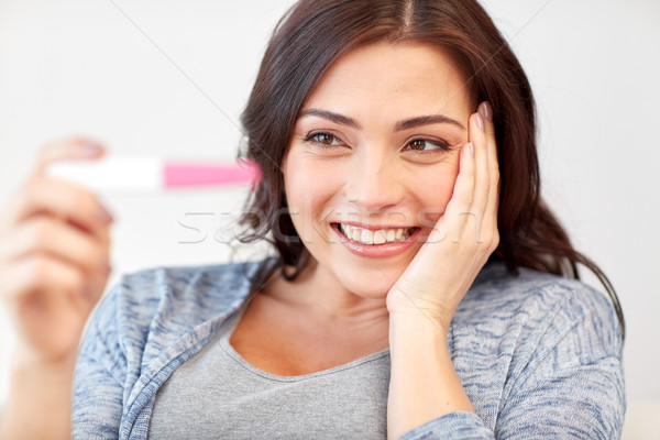 Mutlu kadın bakıyor ev gebelik testi gebelik Stok fotoğraf © dolgachov