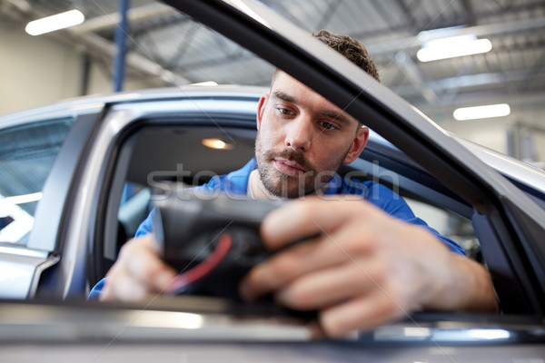 mechanic man with diagnostic scanner at car shop Stock photo © dolgachov