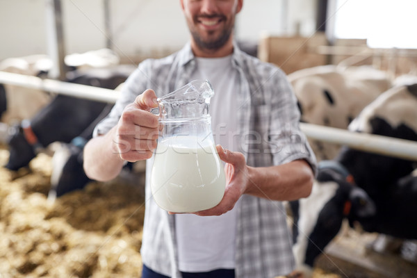 Stock photo: man or farmer with cows milk on dairy farm