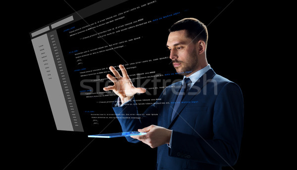 üzletember táblagép virtuális kódolás üzletemberek jövő Stock fotó © dolgachov