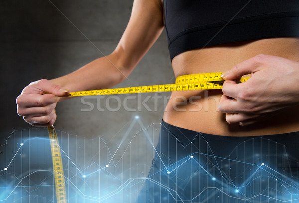 close up of woman measuring waist by tape in gym Stock photo © dolgachov