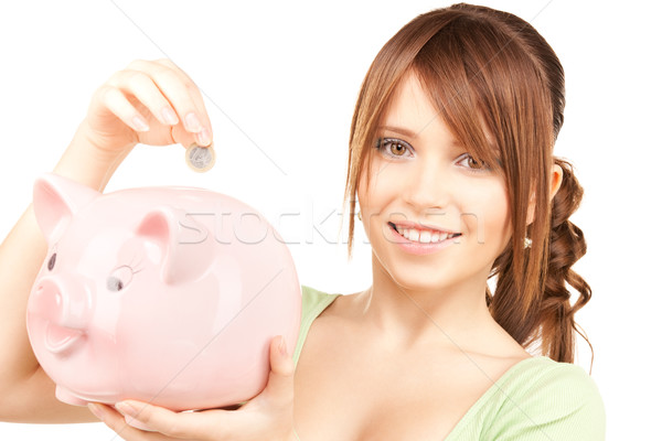 Foto stock: Piggy · bank · moeda · quadro · mulher · retrato