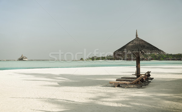 palapa and sunbeds by sea on maldives beach Stock photo © dolgachov